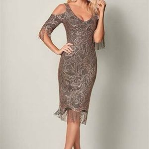 VENUS Gold and Black dress  (gold lace detail) with fringe / Size S